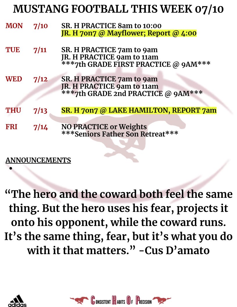 Couple of changes to this weeks schedule. Please read! Big week; senior high and junior high competitions, Start of 7th grade practices, and Finish the week with the Father Son retreat at the buffalo river! Always a great time! #dub
