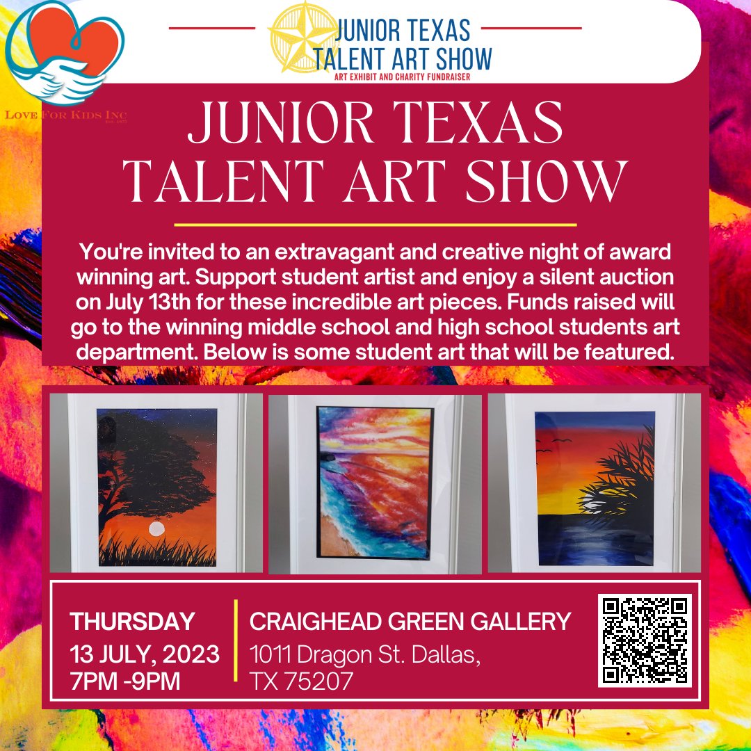 RSVP here - loveforkidsinc.dm.networkforgood.com/forms/junior-t…

EXCLUSIVE BONUS - Get a sneak peek of Craighead Green Galleries 30th annual New Texas Talent exhibition opening to the public Saturday, July 15th!