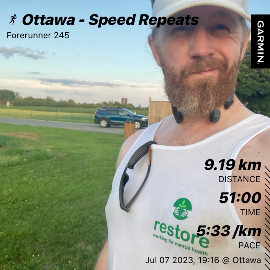 Run21Blog's tweet image. Hot sun and so humid, even at 8pm. Sweat = heavier vest = bleeding nip (aways starting with the left one, even with anti-chaffing balm). Had to walk between half of the repeats but mostly hit the required paces. 30mins of WU/CD really knackers the avg pace tho!