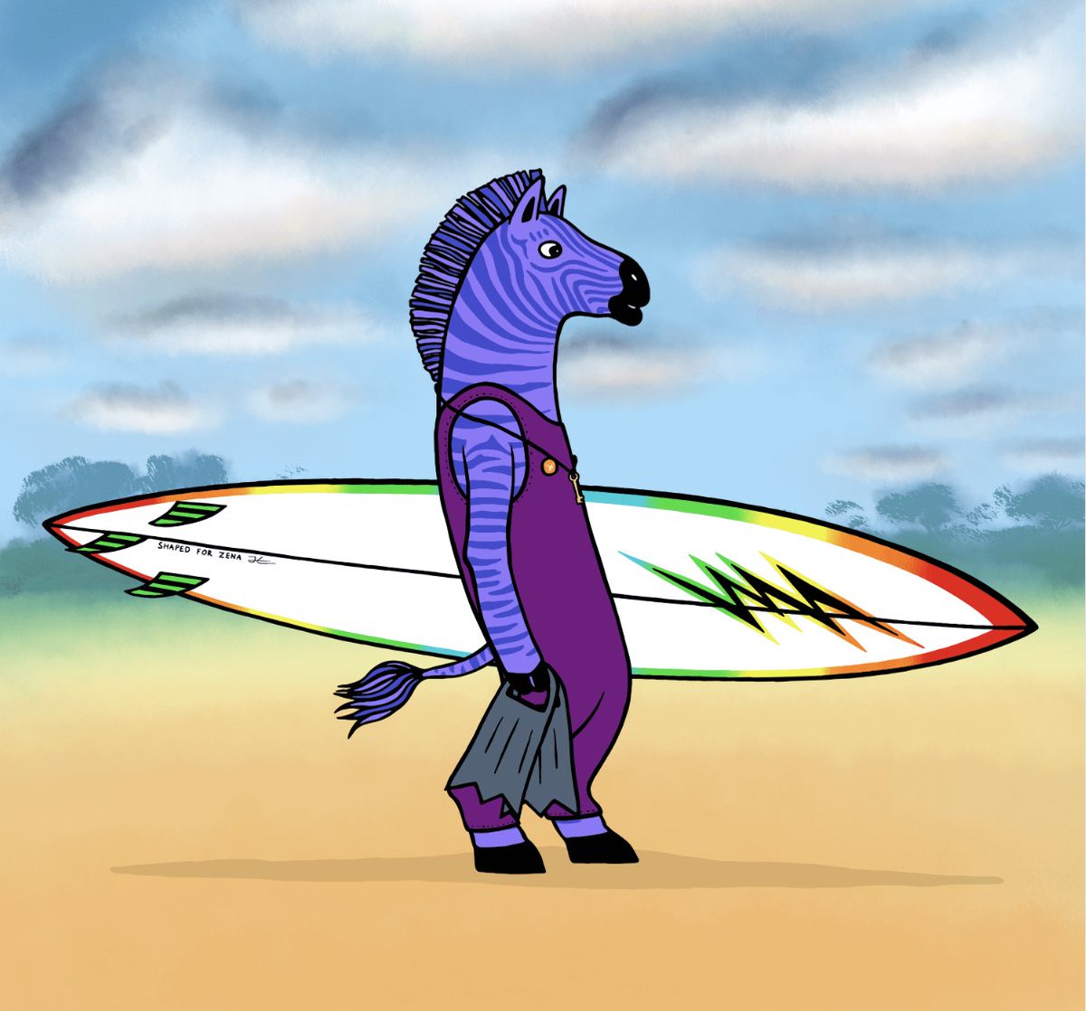 Surfer spotlight #32:

Zena the Zebra in the savanna

White lightning surfboard

Long john wetsuit

Key necklace &amp; flippers

🔥🔥🔥