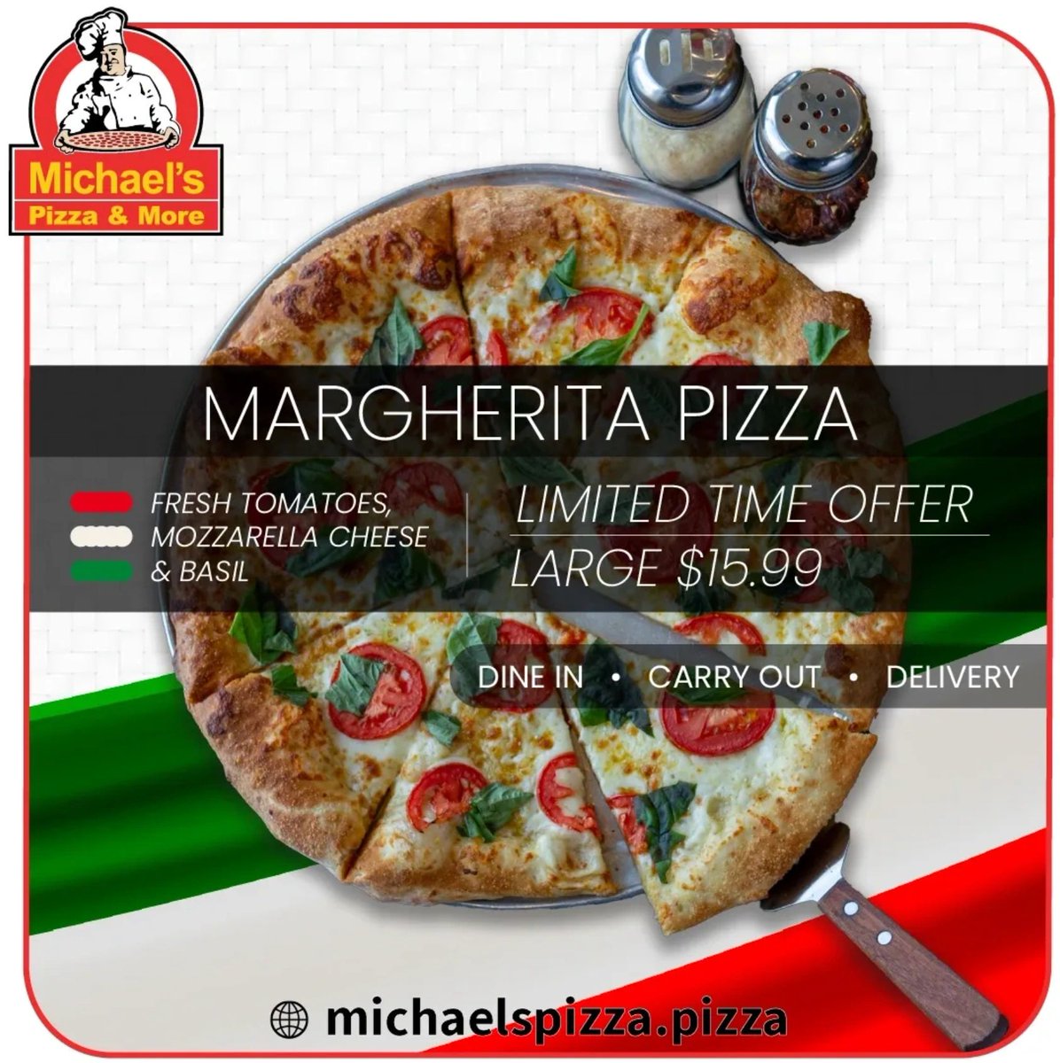 MichaelsPizzaTN's tweet photo. Take advantage of our limited-time offer on our Margherita Pizza! Fresh tomatoes, mozzarella cheese, and basil await you. Get a large for only $15.99! Call to place your order: (931) 358-6161. #pizza https://t.co/fUTLMhmpOR
