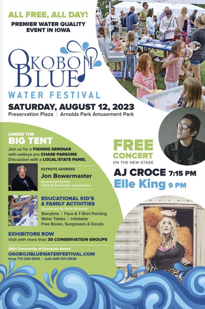 The Okoboji Blue Water Festival is an all-day free festival on August 12th! There will be a concert, speakers, fun educational activities, exhibits, and seminars! Save the date for this exciting day full of events!
Visit okobojibluewaterfestival.com for more info.