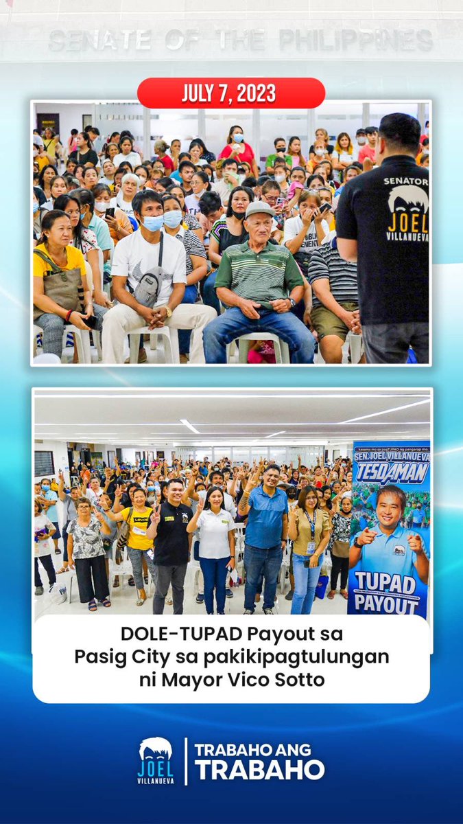 senatorjoelv's tweet photo. Maraming salamat po Pasig City led by our beloved Mayor/Brother in Christ @VicoSotto 🙏 God bless you all! #EmpleyadoSaSenado #Tesdaman #MAJOel https://t.co/FA1qwnzM7S