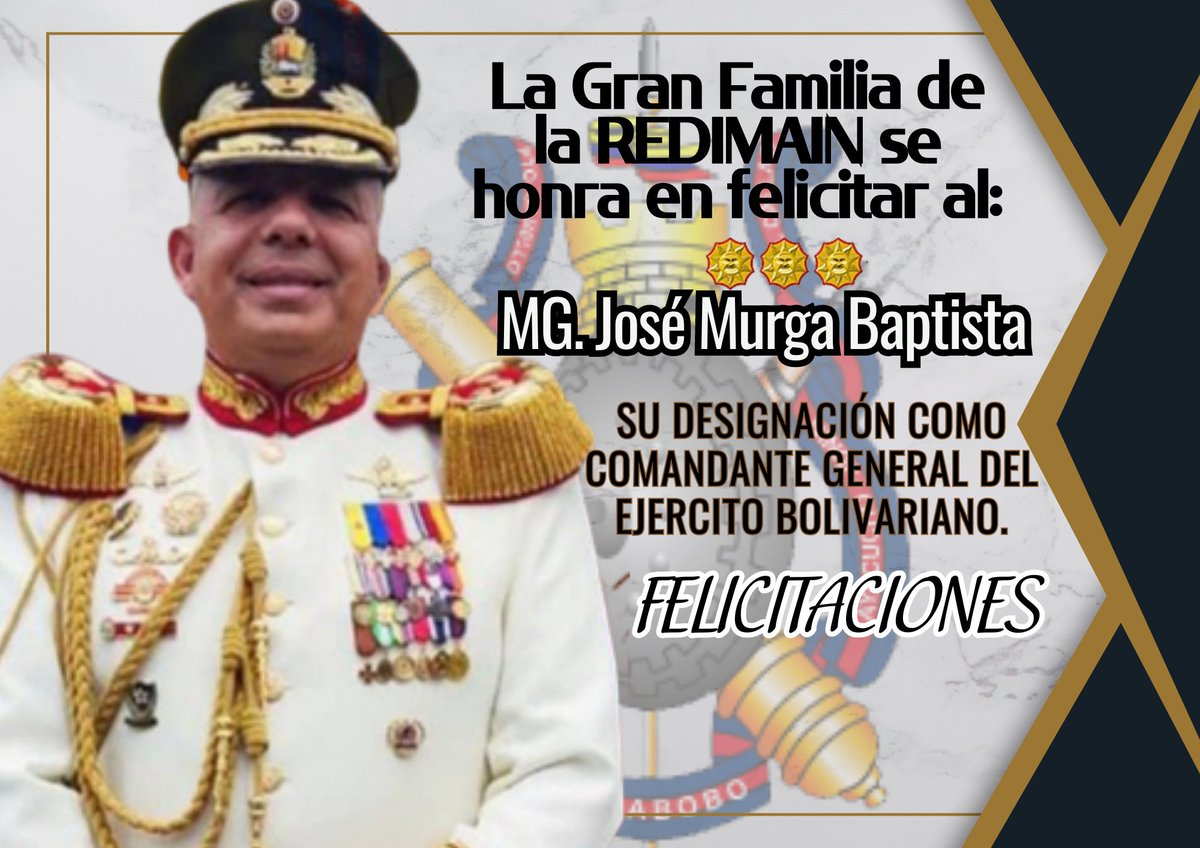 venezuelaazul10's tweet photo. #Importante|| La Gran Familia de la REDIMAIN se honra en felicitar al MG. José Murga Baptista, por su designación como nuevo Comandante General del Ejercito Bolivariano.
#GeneraciónTricolor
#FANB
#REDIMAIN https://t.co/OIiqNbjPHZ