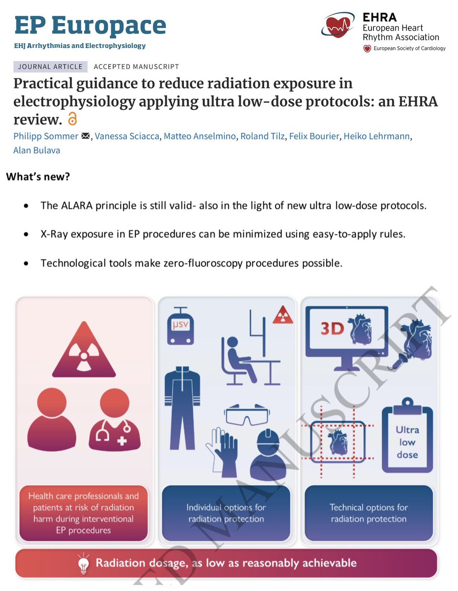 To reduce radiation exposure in EP: EHRA review 🩻 X🩻 X🩻 X🩻 as low as reasonably achievable absolutely meaningful for ALL @Phiso_de @AGEP_DGK @VanessaSciacca_ @mattans5 @RolandTilz @BourierFelix @LehrmannHeiko and Bulava cited doi.org/10.1093/europa… @ESC_Journals…