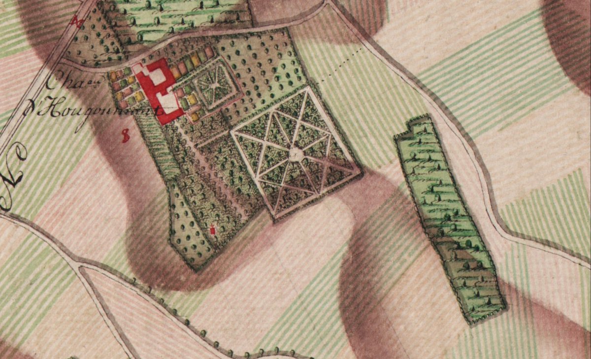 DennisAbbott's tweet image. Close-up of #Hougoumont from 1777 map created by Gen Joseph François, Comte de Ferraris. A small red cross, left of the formal garden, marks the location of a long-lost woodland chapel. Its limestone &amp;amp; brick remains have been rediscovered by @DigWaterloo