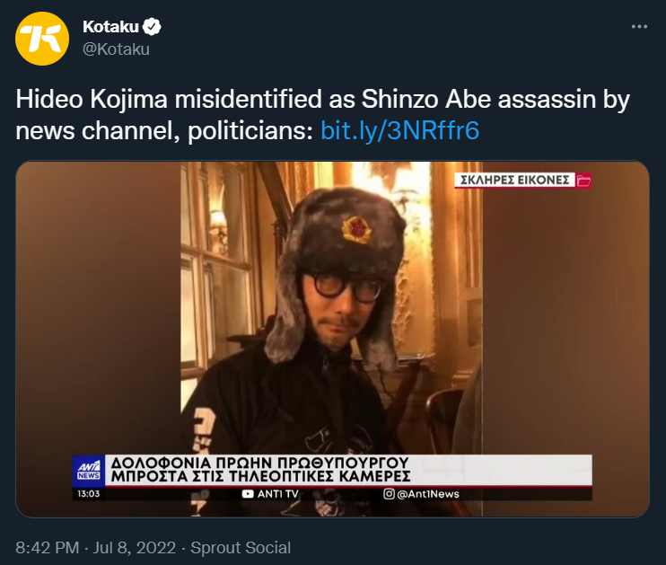 tracewyrm's tweet photo. @troughofluxury shoutout to the greek news channel that pulled up a picture of hideo kojima as the assassin https://t.co/ZsaGopoNHN