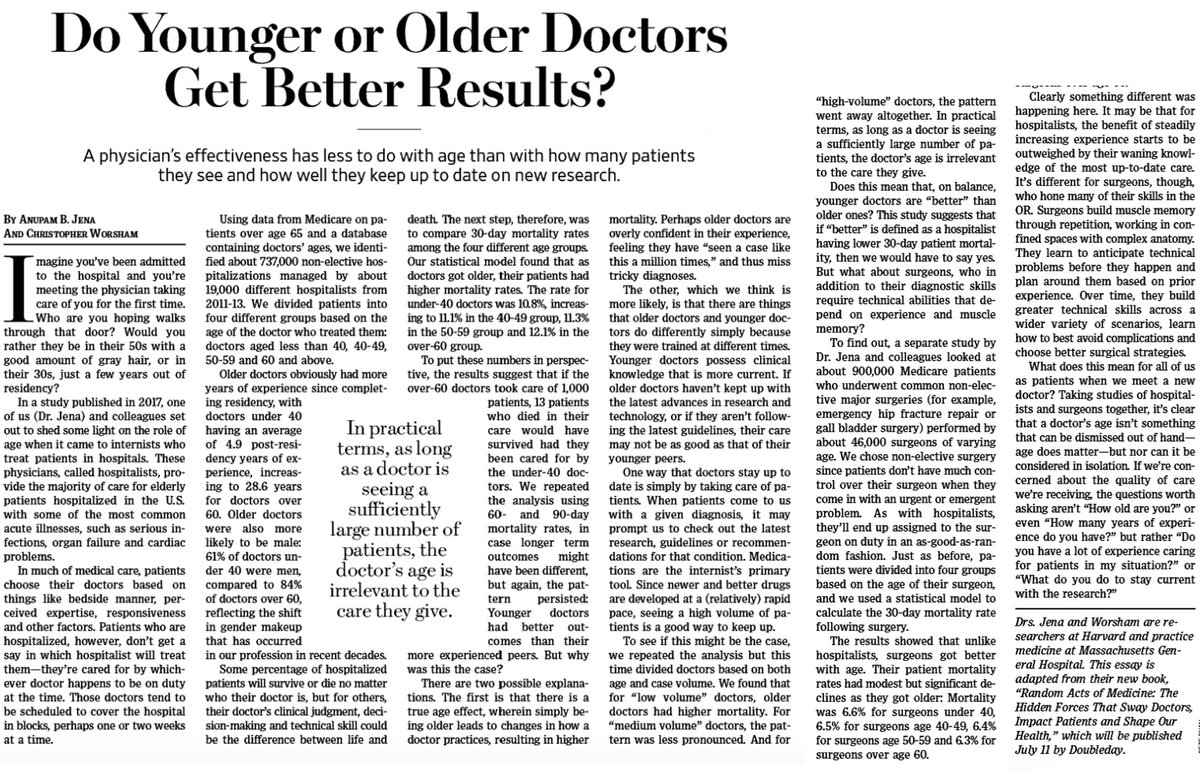 EricTopol's tweet photo. Is a younger doctor a better choice than an older one?
A review of the evidence supports that age should not be the determining factor.
A good question to ask:
"What do you do to stay current with the research?”
https://t.co/7iaRslup1h https://t.co/ZiA1NELh6B