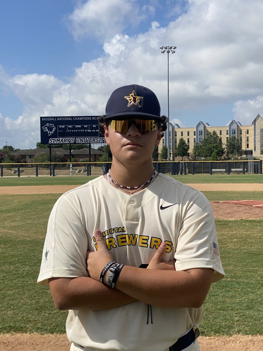 Turn2Tournamnts's tweet photo. Game 1 at St.Mary’s University 
Lone Star Brewers Gold- 9
SA Texans- 1 

Our PoGs are Reggie Navaira (Churchill HS 2023/OLLU Commit) and Tyler Beyer (Cornerstone Christian 2024) 

Navaira: 7IP, CG, 3Ks, 1ER
Beyer: 2-2, triple, 2RBI

@LoneStarBrewers @OLLUSaints https://t.co/W2iG0Ok9zp