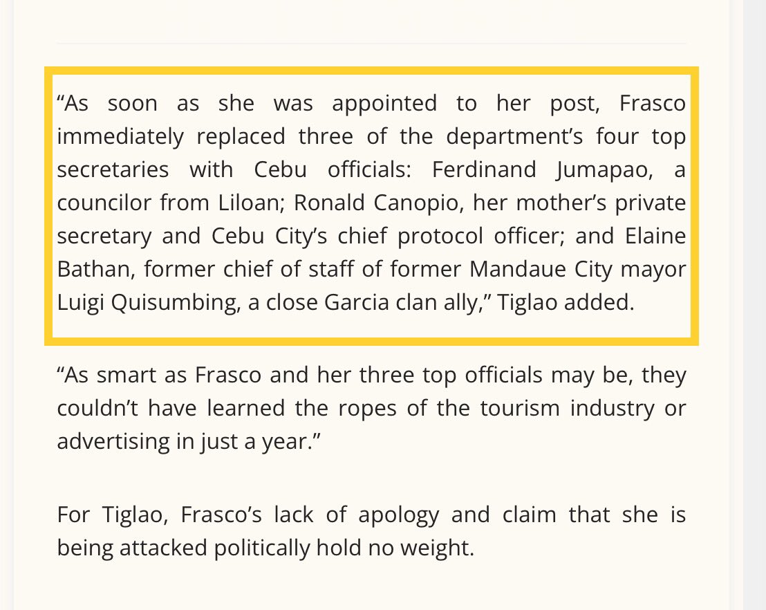 anakmartiallaw's tweet photo. A Tiglao article mentioned the people she appointed as part of her DOT Team. None are Tourism experts, no career officials from the DOT. https://t.co/86aTpczm22