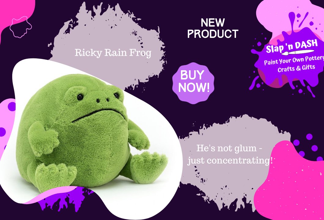 Ricky Rain-frog  sits &amp; puzzles out the world. It’s a tricky business! He’s a ponderous, chunky, pea-green, and podgey chap. He’s squishy, huggable – and very thoughtful indeed, especially in the mornings! Available now slapndash.com/products-jelly…