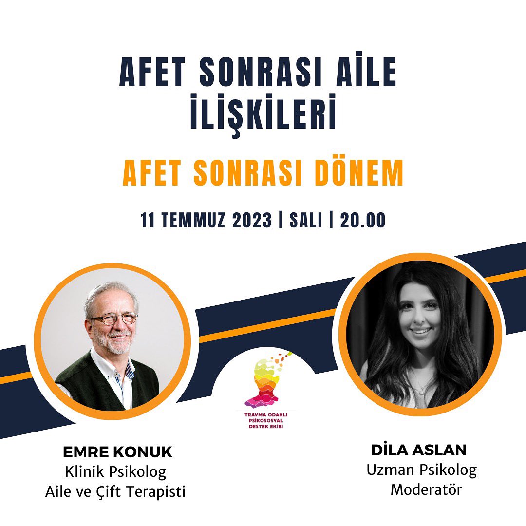 travmaekibi's tweet photo. 11 Temmuz 2023 tarihinde Davranış Bilimleri Enstitüsü kurucusu Klinik Psikolog ve Aile ve Çift Terapisti Emre Konuk  ile “Afet Sonrası Aile İlişkileri Afet Sonrası Dönem” oturumumuz ile devam ediyoruz. Uzman Psikolog Dila Aslan moderatörlük yapacaktır.
Katılım ücretsizdir. https://t.co/SO7wZAk5QB