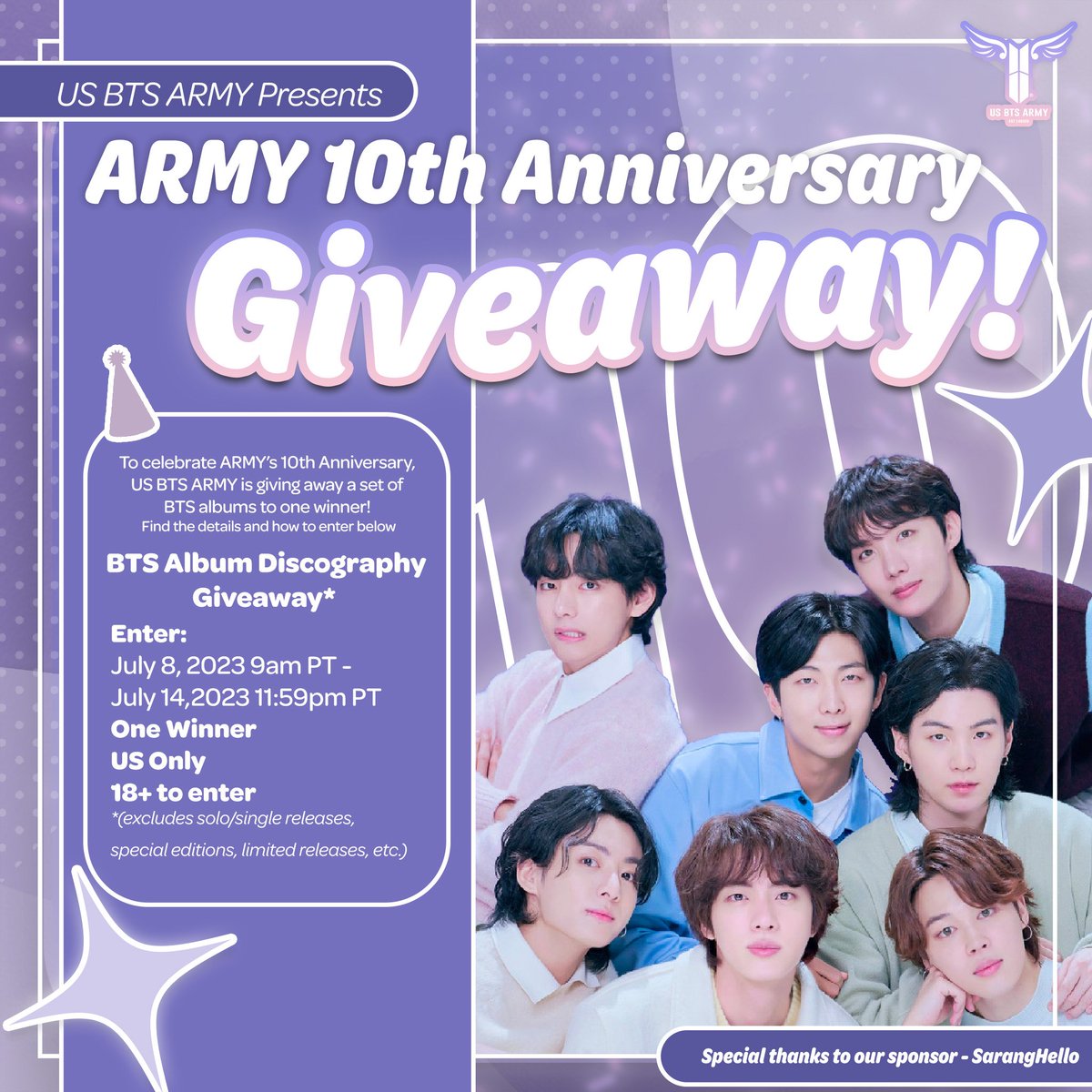 USBTSARMY's tweet photo. To celebrate ARMY's 10th Anniversary, we're giving away 1 set of BTS albums* to 1 lucky ARMY!! 

July 8th - July 14th 
US Only 
Enter here: https://t.co/d5psTTpttV 

Special thanks to our sponsor @SarangHelloSF 

#10yrsWithARMY #10thArmyversaryGiveaway
(*exclusions apply) https://t.co/eKVnPiMRjL