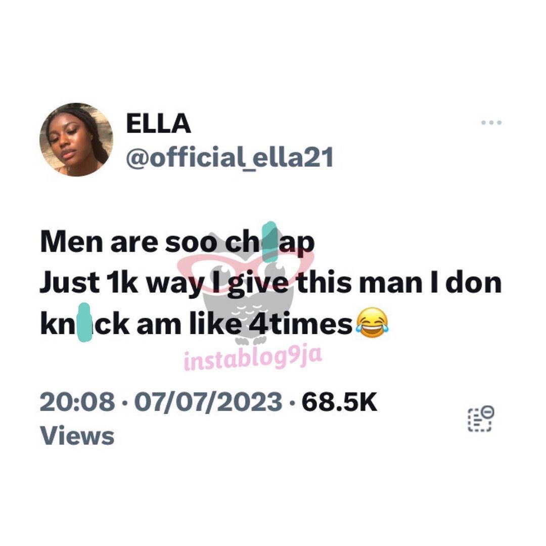 instablog9ja's tweet image. Men are so ch£ap — Lady says, as she reveals the amount she p@id a man for ‘b£droom workout’.