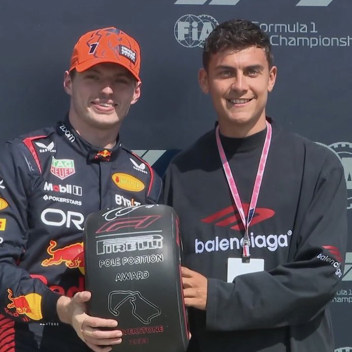 Paulo Dybala presents the pole position award to Max Verstappen of Red Bull Racing at Silverstone. (Image: ESPN F1 on Twitter)