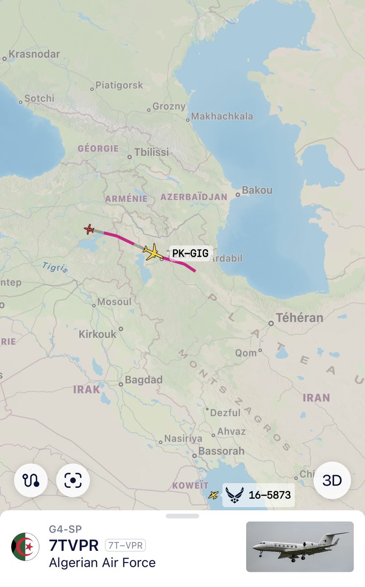 CH_LEBAD's tweet photo. 📆08/07
📍#OIIE Téhéran 🇮🇷
🛫 #7TVPR GLF4 SP
🚩↖️ retour sur Alger🇩🇿 https://t.co/LzrRroykUl