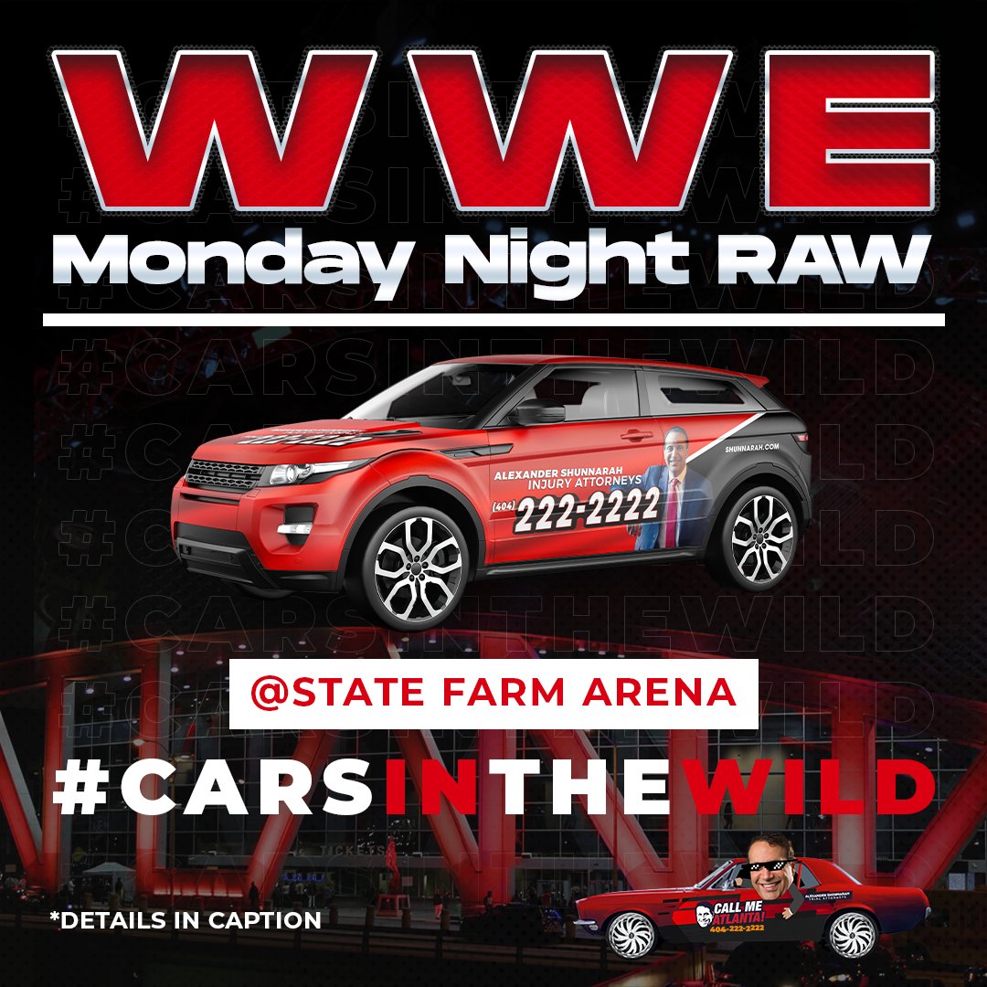 CallMeAtlanta's tweet photo. Our #CarsInTheWild are riding to the @WWE Monday Night Raw 🔥

🗓️ Monday, July 17
🕕 7pm
📍 State Farm Arena

Enter our ATM Giveaway to get FREE Tix! 🎫

Don’t forget to tag us when you see us! 🔖

And if you need me, 📣 Call Me, Atlanta! 📣 https://t.co/wQIQ9PhGID