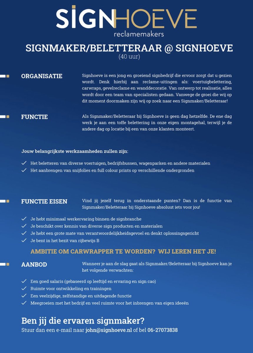 VlindemansV's tweet photo. Join us..! #vacature #carwrap #signmaker #JoinUs #reklame #reclame #belettering https://t.co/29v2Xnm9yL