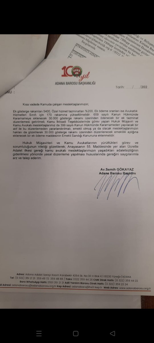 Kamu Avukatlarının mali ve özlük haklarının düzeltilmesine ilişkin taleplerini Hazine ve Maliye Bakanlığı ve Adalet Bakanlığına ileten Adana Barosuna teşekkür ederiz.
<a href="/AdanaBarosu/">Adana Barosu</a> <a href="/yilmaztunc/">Yılmaz TUNÇ</a> <a href="/barolar/">Türkiye Barolar Birliği</a> <a href="/GokayazSemih/">Semih Gökayaz</a> <a href="/kamuavplatform/">Kamu Avukatları Dijital Platformu</a>