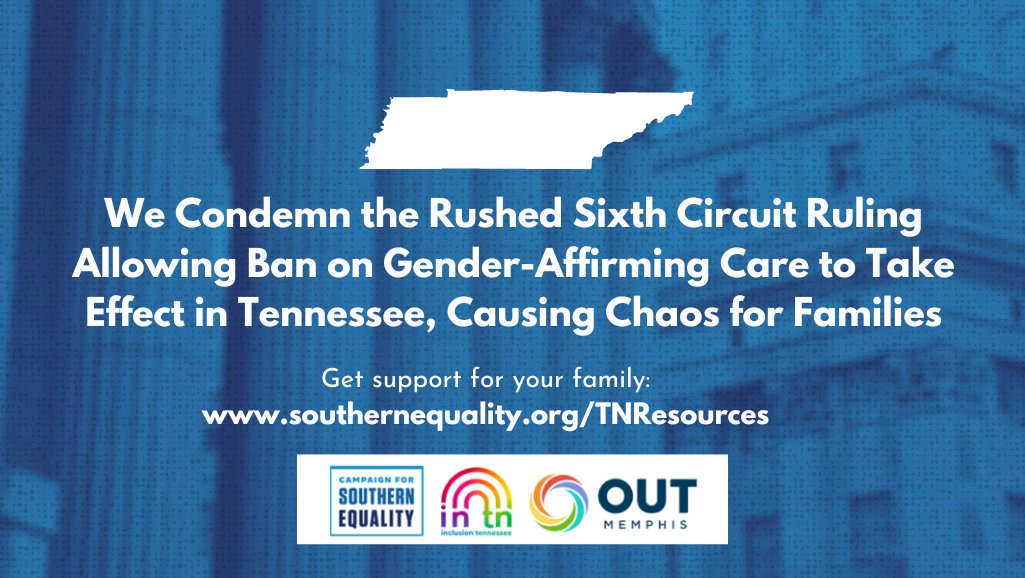 We are sending love and support to folks in Tennessee waking up to the news of the #6thCircuit's reckless ruling allowing the gender-affirming care ban to take effect. Read more from us, <a href="/outmemphis/">OUTMemphis</a> &amp; <a href="/inclusion_tn/">inclusion tennessee</a>: southernequality.org/lgbtq-advocate… 1/6