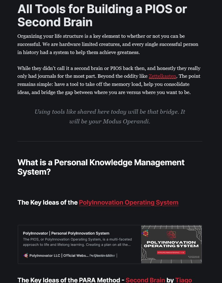 polyinnovator's tweet image. I just randomly starting writing a huge post on #secondbrain + #PIOS &amp;amp; all the tools you can use to build one. I&apos;d want it to be a #PolyPRO post, but its too important for people to see
@obsdmd @NotionHQ @CapacitiesHQ #TanaInc @logseq @qatalog @coda_hq @RoamResearch @AnytypeLabs