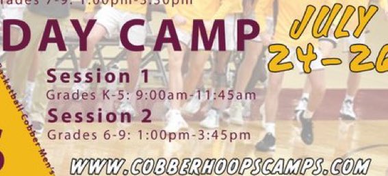 Our Cobber Hoops Day camp is just over 2 weeks away with a record # for this camp already signed up! 

However, spots still remain to take part in this great camp so be sure to get signed up today. #CobberWay

cobberhoopscamps.com