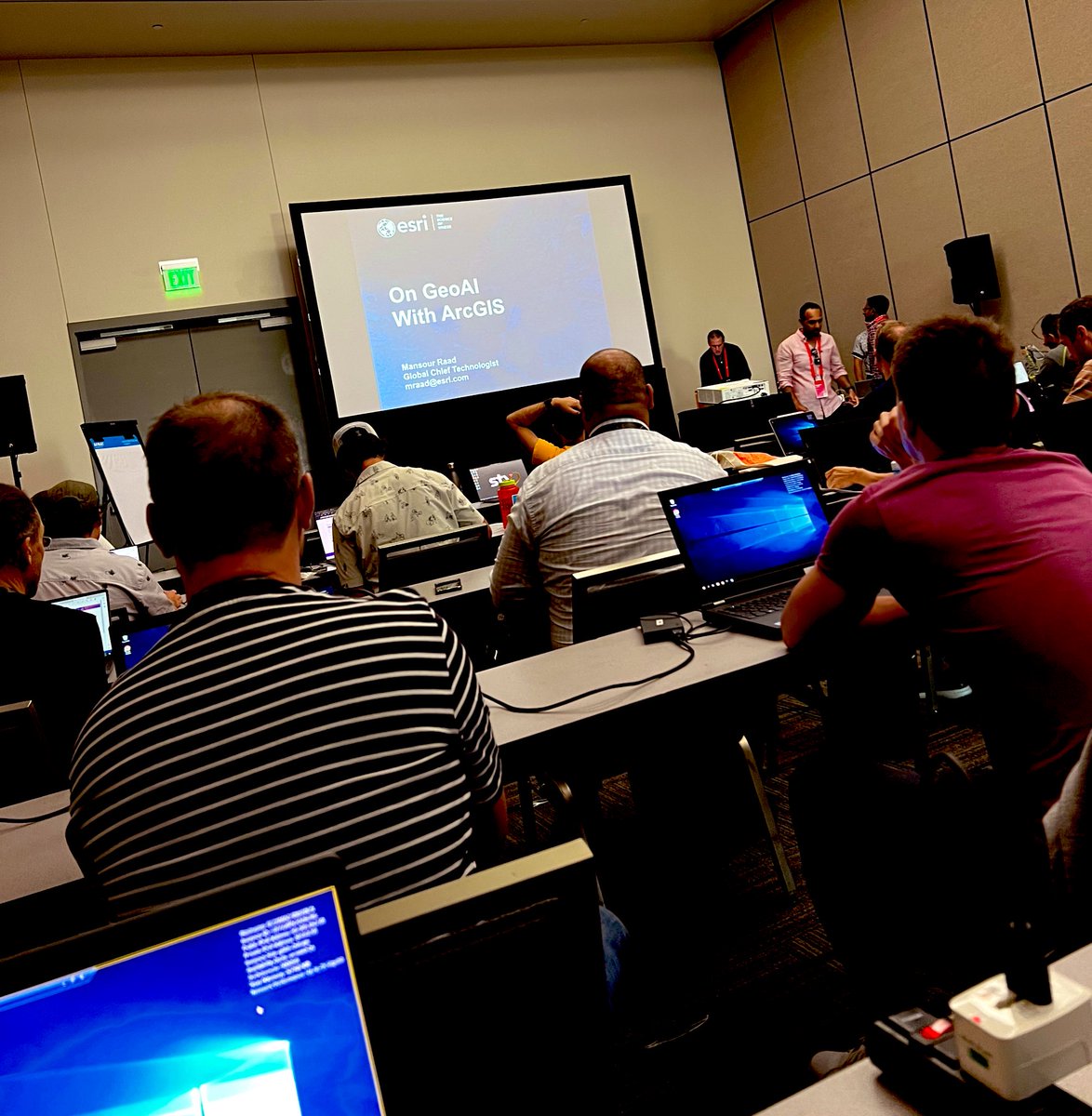 NickBogen's tweet photo. At the #EsriUC2023 a few days early to attend the Geospatial Deep Learning Seminar. Looking forward to deploying this tech at my company to support ops, engineering, and everything in between. And we have an awesome mix in this session of industries from all over the world. https://t.co/Q3NBpE65Su