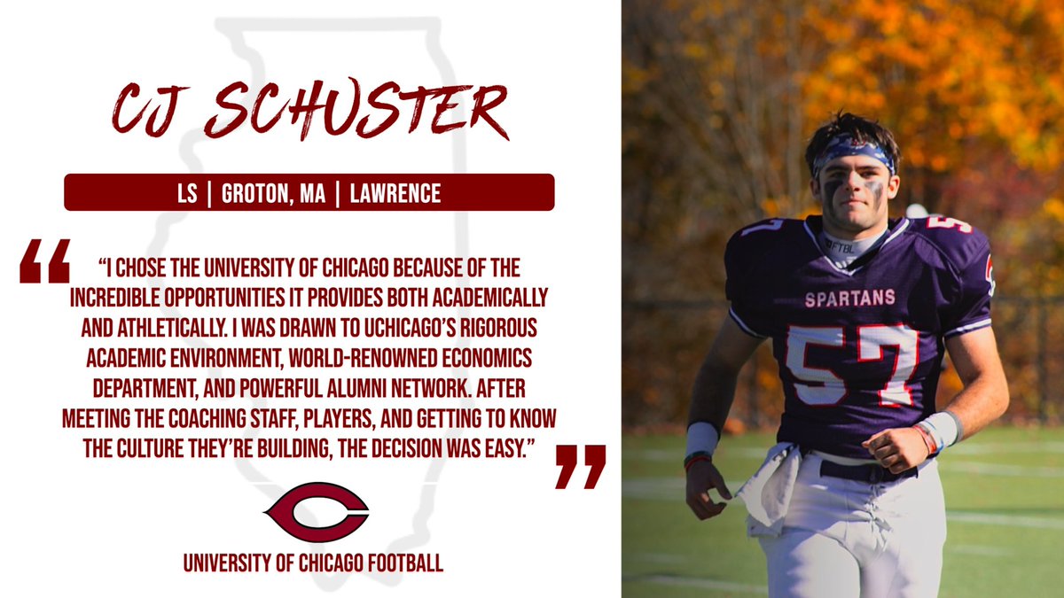 UChicago Football (@uchicagofb) on Twitter photo Chicago!! Join us in welcoming CJ Schuster (<a href="/cjschuster23/">CJ Schuster 2023</a>) to the Southside!!
📚 Class of 2027
🏈 LS / LB
🏡 Groton, MA
🎥 hudl.com/video/3/136674…
#MAROONMADE #ALLIN #ONEBEAT Chicago!! Join us in welcoming CJ Schuster (<a href="/cjschuster23/">CJ Schuster 2023</a>) to the Southside!!
📚 Class of 2027
🏈 LS / LB
🏡 Groton, MA
🎥 hudl.com/video/3/136674…
#MAROONMADE #ALLIN #ONEBEAT