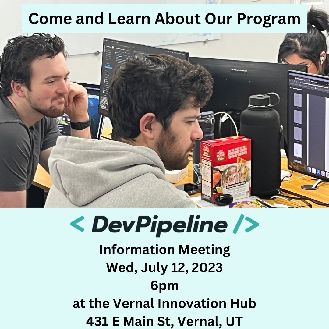 dev_pipeline's tweet image. If you are in the #Vernal, Utah area and are looking to break into the #softwaredevelopment industry, come and learn why #DevPipeline is an excellent & innovative program to learn the skills you need to become a #developer. #innovationhubvernal #coding #productionreadydeveloper