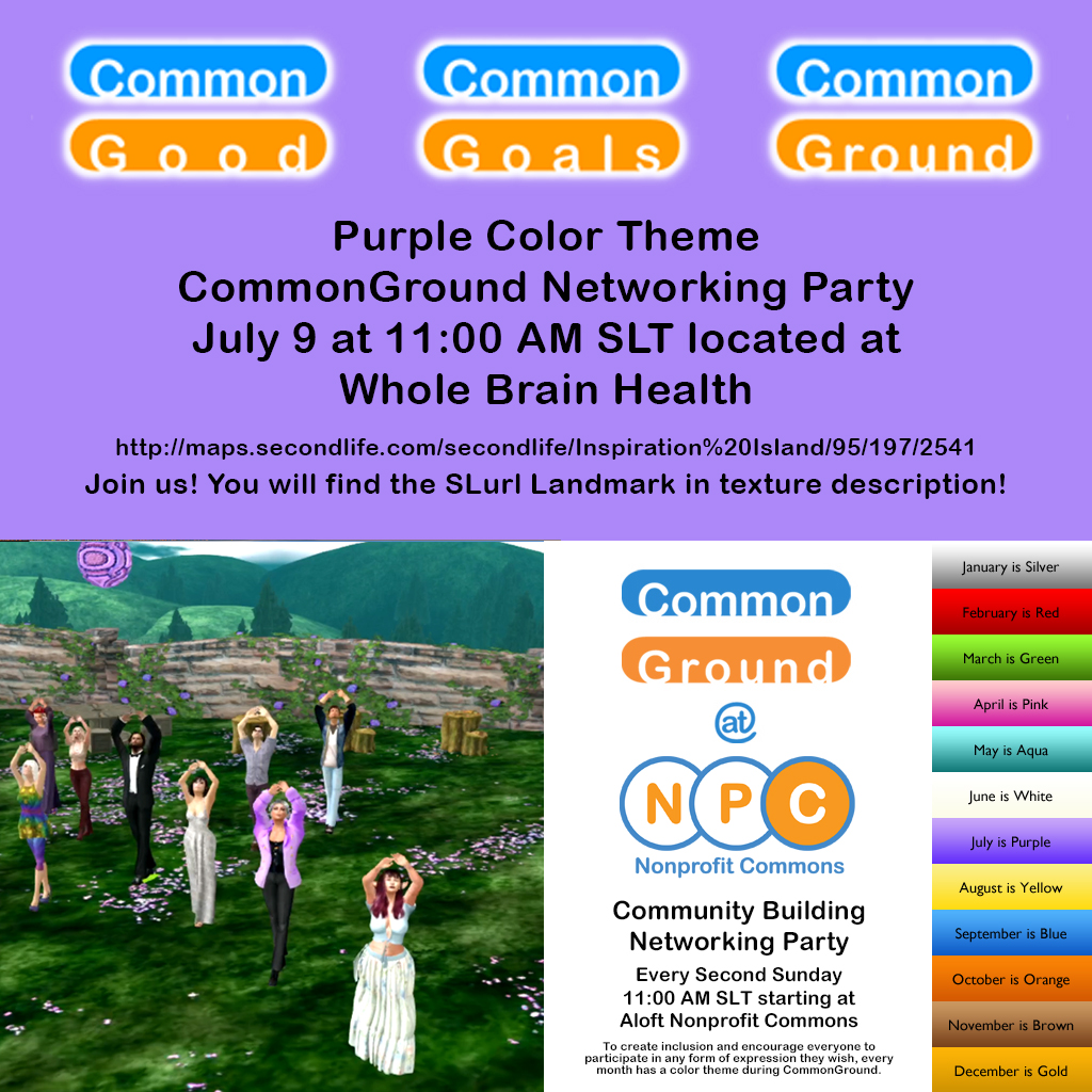 renneemiko's tweet photo. 💜 Please join us for the Purple Color Themed CommonGround Networking Party in @SecondLife on Sunday July 9, 11 AM to 12 PM SLT at Virtual Whole Brain Health at Inspiration Island! See you inworld at https://t.co/7cOKKdOcpu
https://t.co/ChdRPYm74h
#VirtualGood #BrainHealth https://t.co/zPvb82rMas