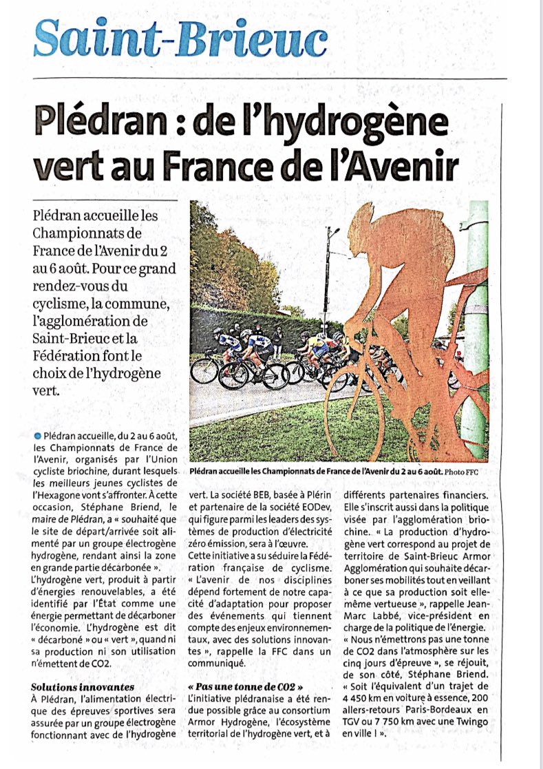 Des Championnats de France de l’Avenir cycliste sur route sous le signe de l’hydrogène vert,  du 2 au 6 août à #pledran (22).
<a href="/FFCyclisme/">FFC</a> <a href="/StBrieucAgglo/">StBrieuc Armor Agglo</a> <a href="/cotesdarmor22/">cotesdarmor</a> <a href="/regionbretagne/">Région Bretagne</a> #hydrogene <a href="/TelegStBrieuc/">Télégramme St-Brieuc</a> <a href="/ChristopheBechu/">Christophe Béchu</a>