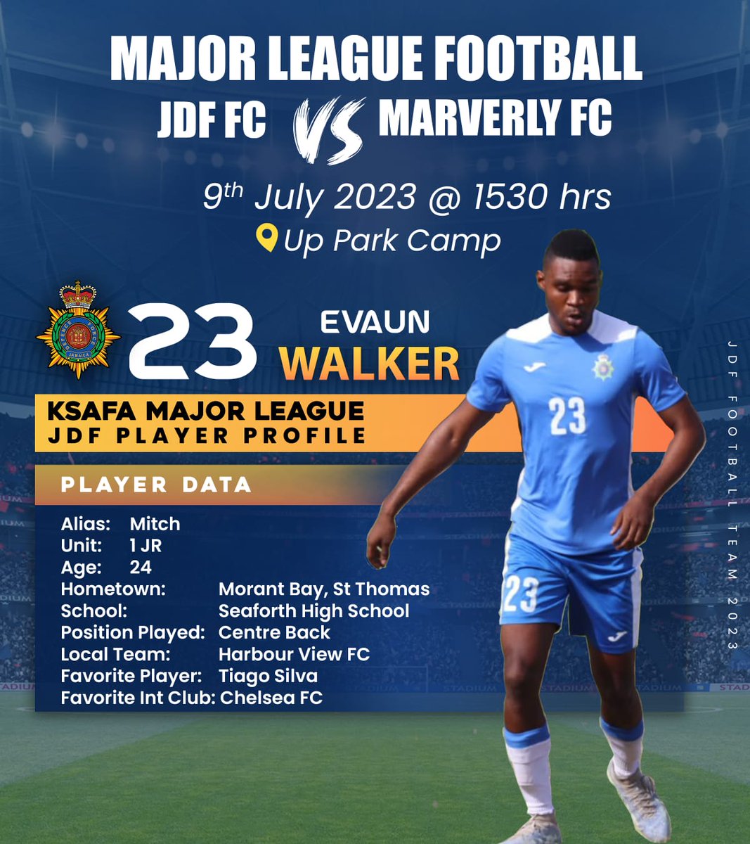 JDFSoldier's tweet image. PLAYER FEATURE 

As the Jamaica Defence Force prepares for its second leg semifinal encounter against Marverly FC tomorrow, we feature one of the team's dedicated players, #23 Evaun Walker.

Check out his player profile to find out more about this prolific Centre Back.