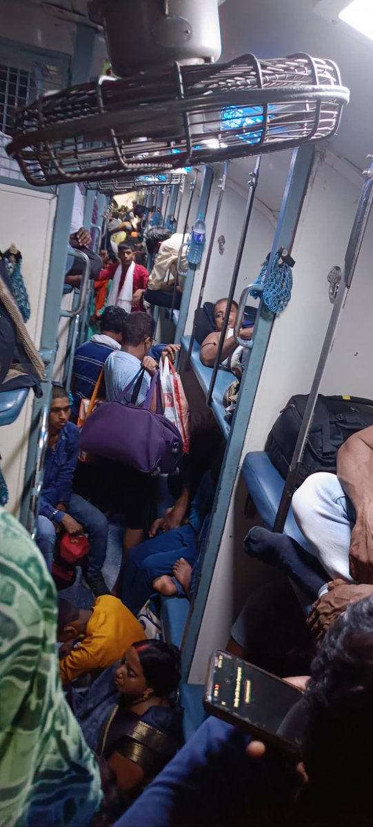 Dheeraj_Karanam's tweet photo. No Security and No TC in coach S6 of train no 22688! People have flooded the coach with no roam to walk across and access toilets. Severe inconvenience caused! @IRCTCofficial @irctcnorthzone @RailMinIndia @RailwaySeva @nitin_gadkari https://t.co/1teNS9Hfpt