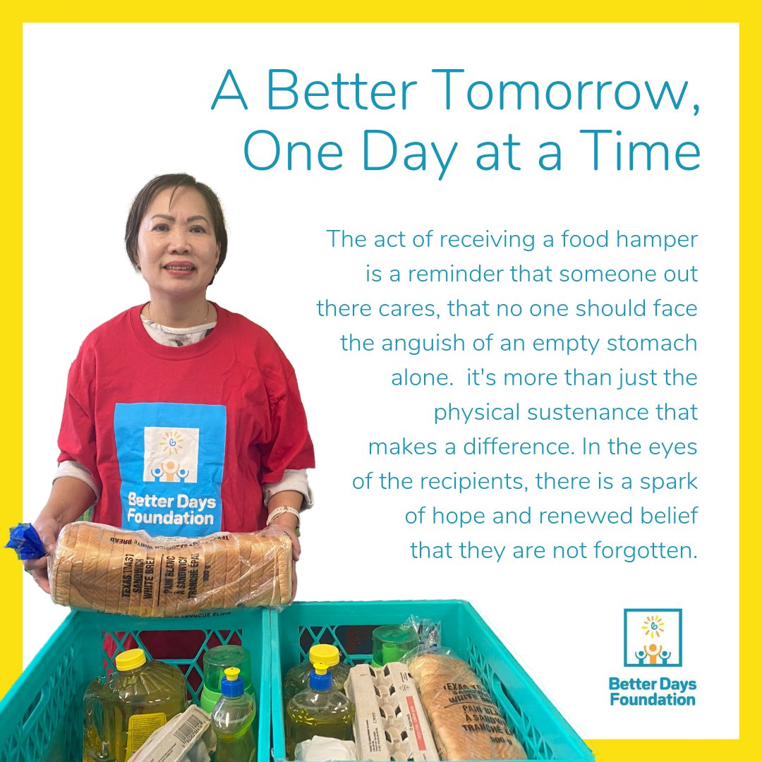 Betterdaysfdn's tweet photo. Our food hampers provide more than just sustenance, it generates a spark of #hope
.
#BetterDaysFoundation #Calgary #Family #Children #Kids #Food #NonProfit #Unhomed #FoodSecurity #Support #Care #MakeADifference #Donate #YYC #Canada https://t.co/JSqhkBy9NL