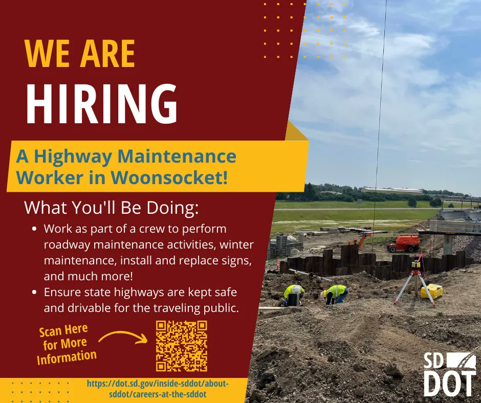 SouthDakotaDOT's tweet image. The SDDOT is hiring a Highway Maintenance Worker to be a member of our team in Woonsocket! 

For more information about the position or to apply go to: tinyurl.com/sddotcareers

#SDDOT #SD511