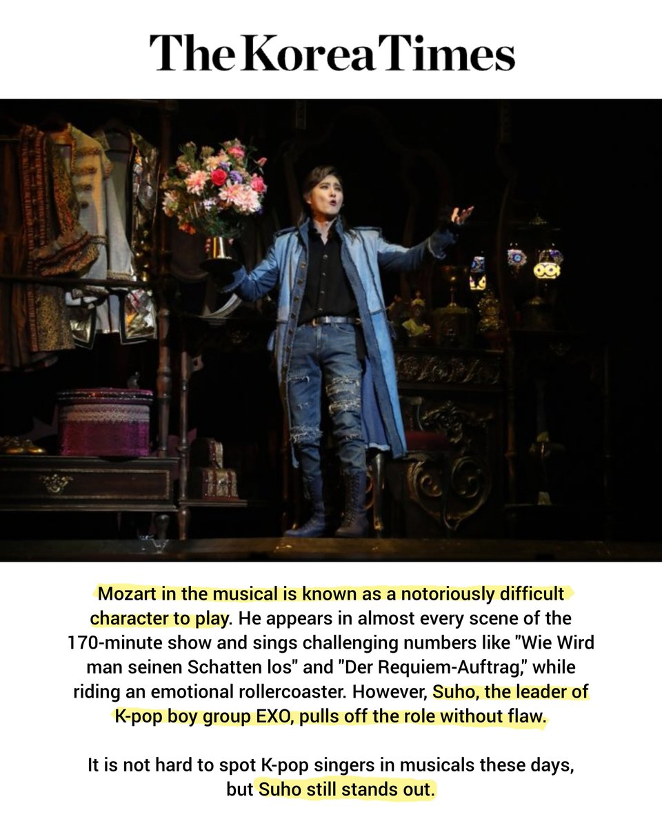 'Mozart is known as a notoriously difficult character to play. He appears in almost every scene of the 170-minute show and sings challenging numbers. SUHO pulls off the role without flaw.' - The Korea Times #Suho #수호 #준면 #スホ #金俊勉