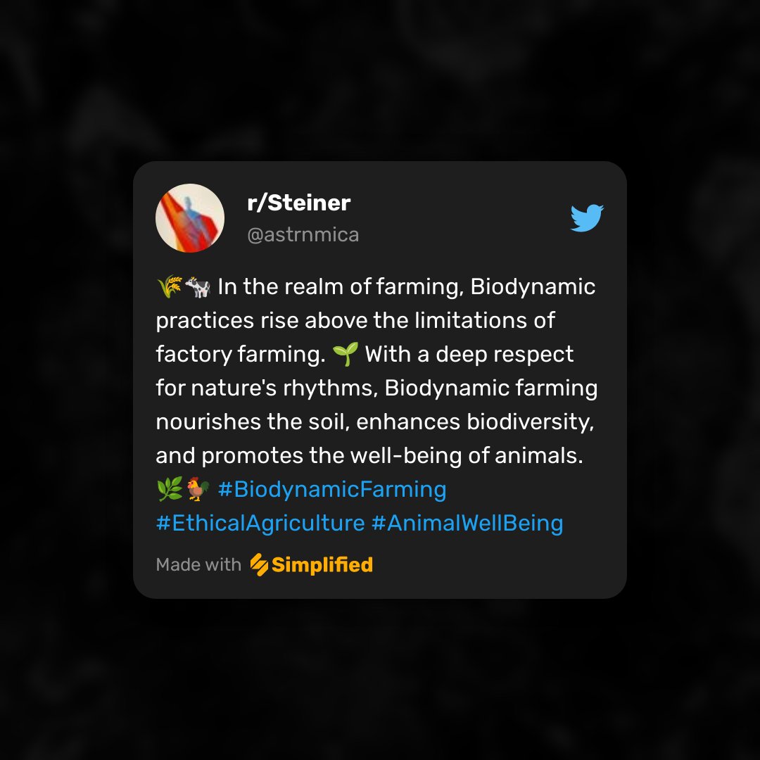 🌾🐄 In the realm of farming, Biodynamic practices rise above the limitations of factory farming. 🌱 Biodynamic farming nourishes the soil, enhances biodiversity, and promotes the well-being of animals. 🌿🐓 #BiodynamicFarming #EthicalAgriculture #AnimalWellBeing