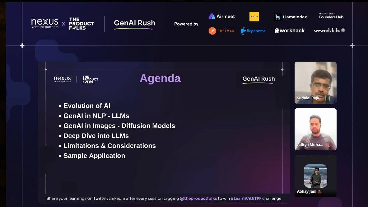 aasthaashahh's tweet image. ✨Attended the Kickoff Session and Deep Dive to GenAI
ft. @sudalairajkumar  by @TheProductfolks.

In this thread, I'll be covering everything I learned in the session.

#LearnWithTPF