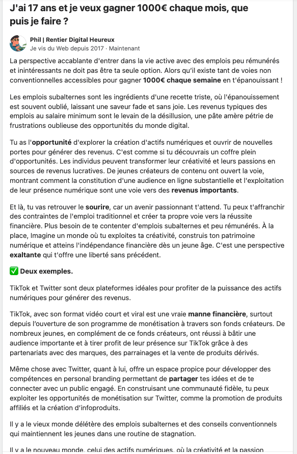 rentierdigital's tweet photo. J'ai écrit cet Article Quora (source de trafic Ô combien sous-exploitée) en 10 minutes en utilisant un framework spécial et chatGPT.

Ce framework s'appuyant sur des structures de copywriting basées sur les neurosciences, permet d'augmenter l'engagement de 23% vient d'un solopreneur américain générant 5m€/an.

Commente, Retweete et je t'envoie le framework, pourquoi il fonctionne, comment t'en servir et les instructions à donner à chaGPT pour qu'il fasse 90% du boulot à ta place.

(Tu dois me suivre pour que je puisse te DM).