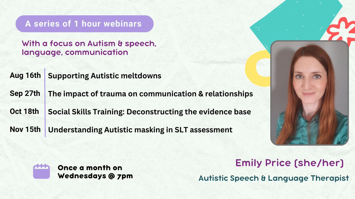 I'll be running a series of 1-hour webinars starting in August! The focus will be on Autism & speech, language, communication. Different tickets available. Aimed at #SLTs / professionals, parents/carers. eventbrite.com/cc/autism-spee…