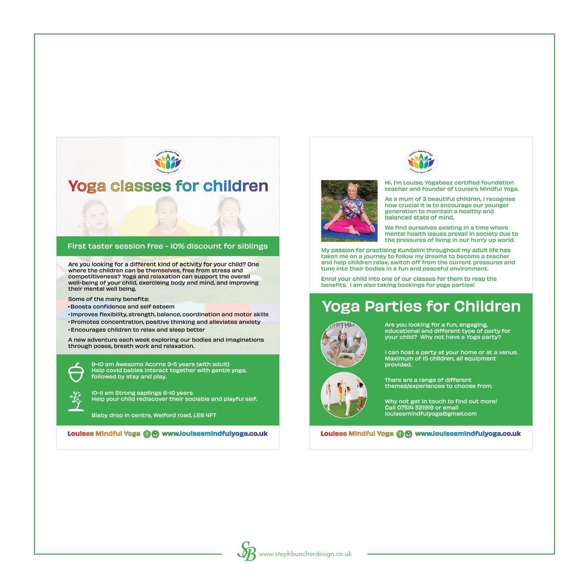 stephbuncher's tweet photo. #throwback to a double sided flyer I designed for Louises Mindful Yoga to promote their yoga classes and parties for children. The flyer design coordinates with the banner previously I designed, giving the business a unified image. https://t.co/yhWr6mRex2