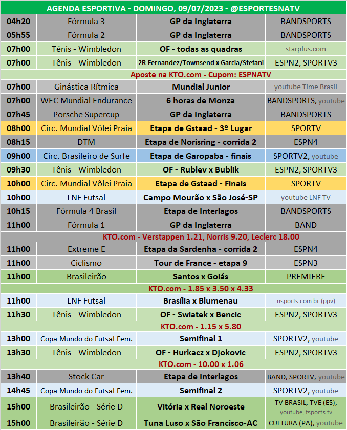 Esportes Na TV 📺 on X: A agenda esportiva deste SÁBADO (11/11/2023) Faça  sua aposta na @KTO_brasil utilizando o cupom ESPNATV no cadastro e garanta  20% de bônus no seu primeiro depósito!