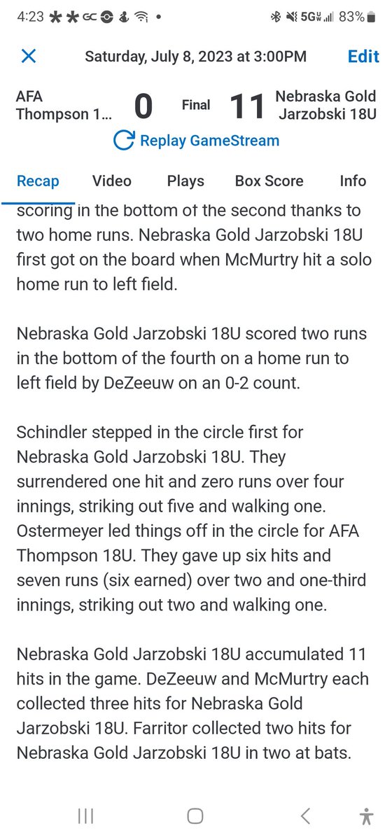 3 and 0 to start <a href="/PG_Softball/">Perfect Game Softball</a> Elite Scouting Showcase. <a href="/NadiaDezeeuw/">Nadia DeZeeuw</a> with the hat trick 💣💣💣 7rbis <a href="/CSUSoftball/">Colorado State Softball</a>
<a href="/JerzieSchindler/">Jerzie Schindler</a> shutout 1 hit complete game 5ks   <a href="/UNKSoftball/">UNK Softball</a>
@bremcmurtry08 💣 3 for 3 
<a href="/keirafarritor24/">keirafarritor</a> 2 for 2
<a href="/kjarzobski/">Katelyn Jarzobski</a> dbl
<a href="/payton_kincaid/">Payton Kincaid</a> h
<a href="/AddysonHobza/">Addyson Hobza</a> h