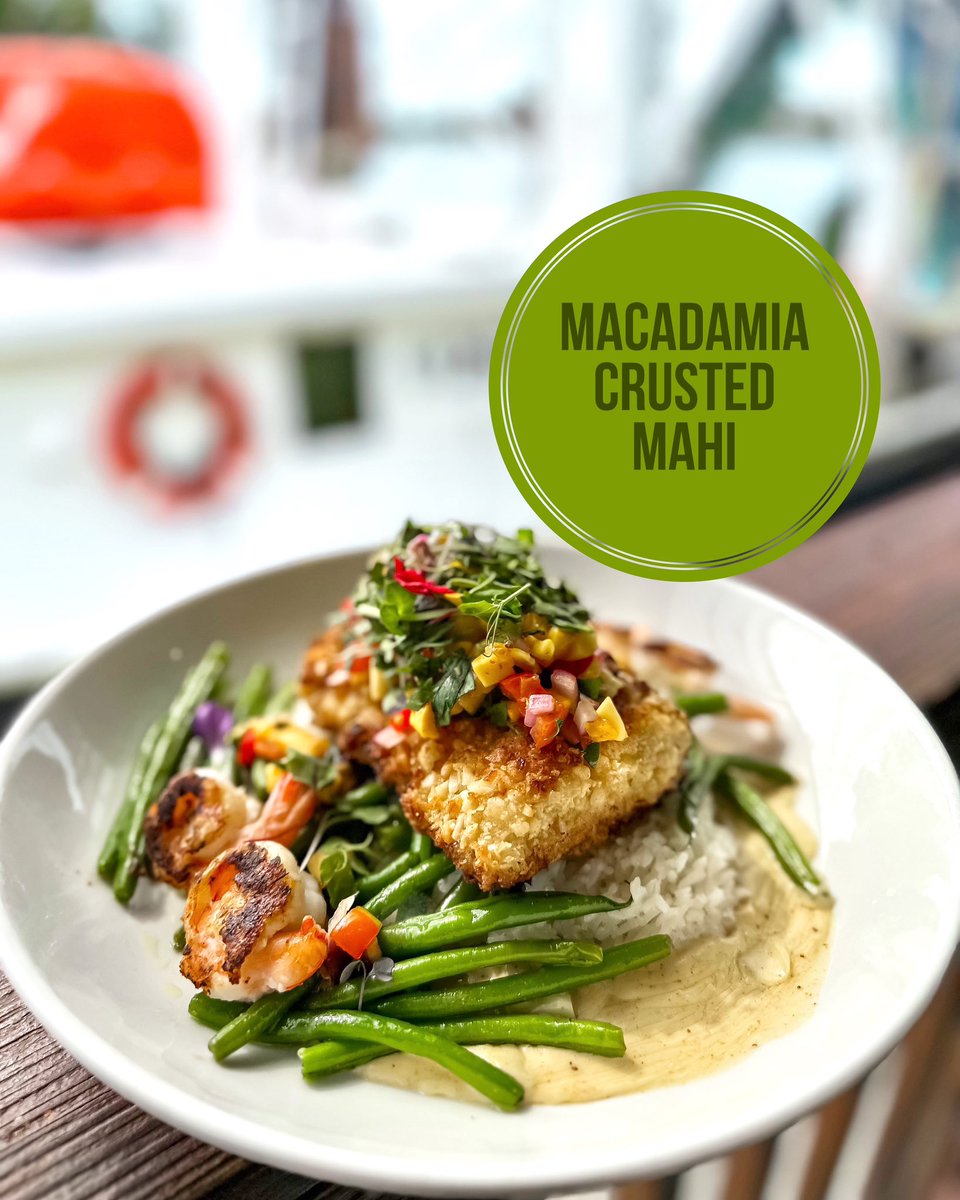 RustyBellies's tweet photo. Saturday Dinner Special 

Macadamia encrusted mahi and blackened Gulf shrimp served with Jasmine rice, green beans and shiitake mushrooms. Topped with an artichoke orange cream sauce and mango salsa. 

#boat2bellie #dinnerspecial #goodeats #feedfeed #tarponsprings #seafoodie https://t.co/hSxbYlj46k