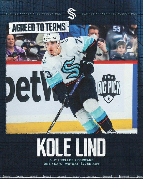 Blue textured graphic with text that reads “Agreed to Terms with Kole Lind on a one-year, two-way contract, $775k AAV”