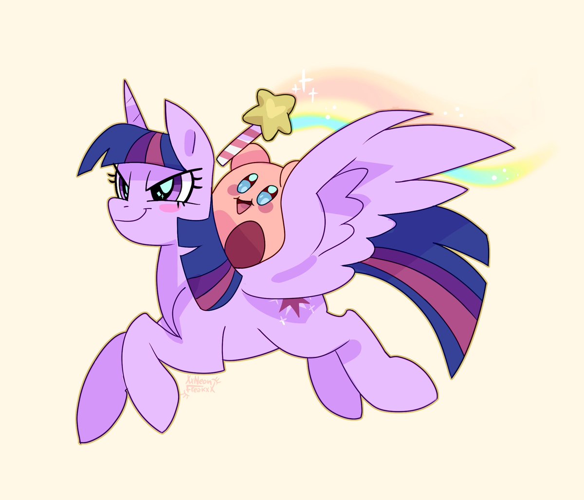 XxNeonFreakxX's tweet photo. The best thing about being an artist is to be able to draw cool characters together. You wanna draw Kirby riding on Twilight?
Aight then do it 😤💫🌈💜
#Nintendo #mlp https://t.co/1xu2hmFQSx