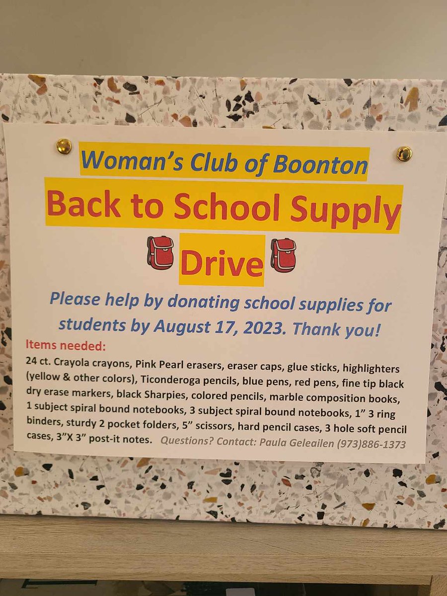 We're a drop spot for the Boonton Woman's Club's Back to School Supply Drive.  If you're going shopping this weekend, you might like to multi-task and pick up some supplies for the drive.  See image for a list of items needed.