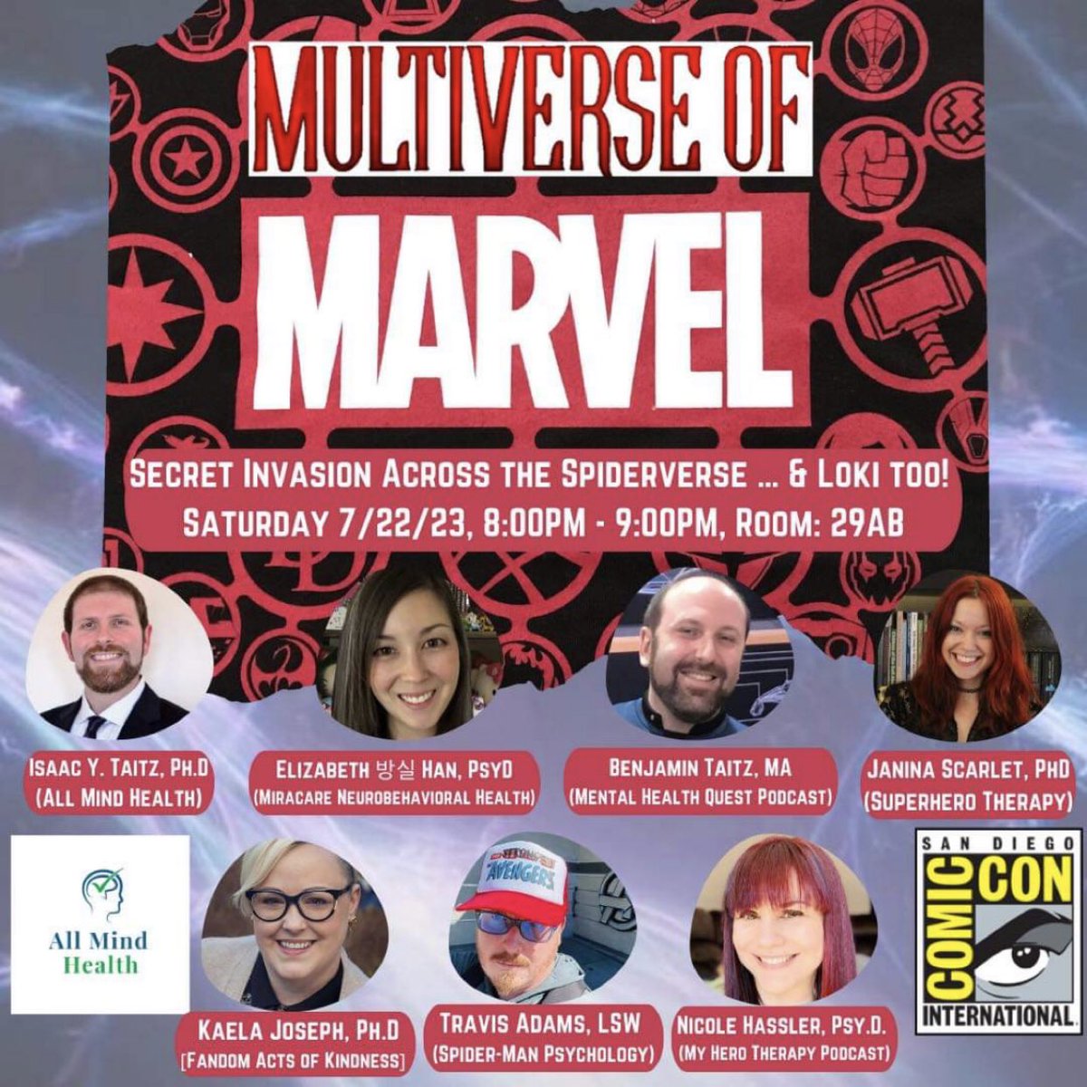 Super stoked to be repping @MHQPodcast and @MyHeroTherapy at @Comic_Con with super cool people including @AllMindHealth1 @levelup_therapy @mindbodyfandom @AKNerdFighting @jordanjamparty @iKnowRio @TheToniSanchez @ShadowQuill @lizzyns @themarine_peer @DrVanessaHintz!