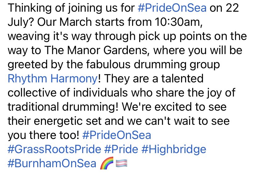 Thinking of joining us for #PrideOnSea on 22 July? Our March starts from 10:30am, weaving it's way through pick up points to Pride, where you will be greeted by the fabulous drumming group Rhythm Harmony #PrideOnSea #GrassRootsPride #Pride #Highbridge #BurnhamOnSea 🌈🏳️‍⚧️
