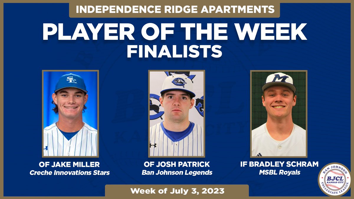 Congrats to our Independence Ridge Apartments Player of the Week finalists! #BJCL 

☑️ <a href="/jake_miller_22/">Jake Miller</a> (<a href="/SavageStormBSB/">Savage Storm Baseball</a>) - <a href="/CIStars_BJ/">Creche Innovation Stars</a>
☑️ @joshpatrick04 (<a href="/CrowderBasebal1/">Crowder Baseball</a>) - Ban Johnson Legends 
☑️ <a href="/Bradleyschram/">Bradley Schram</a> (<a href="/ParkUBaseball1/">Park University Pirates Baseball</a>) - MSBL Royals

Look for our winner on Sunday...